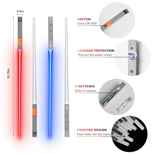 Lightsaber Chopsticks Light up - LED Glowing Light Saber Chopstick - Reusable Sushi Lightup Sabers Chop Sticks Set of 2 Pairs (Blue & Red)