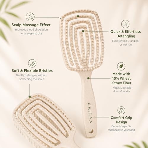 Image of KAIDAA Scalp Breeze Brush | Flexible Vented Detangling Hair Brush for Wet and Dry Hair | Gentle Scalp Massage | Plastic-Reduced Design with 10% Wheat Straw (Beige)