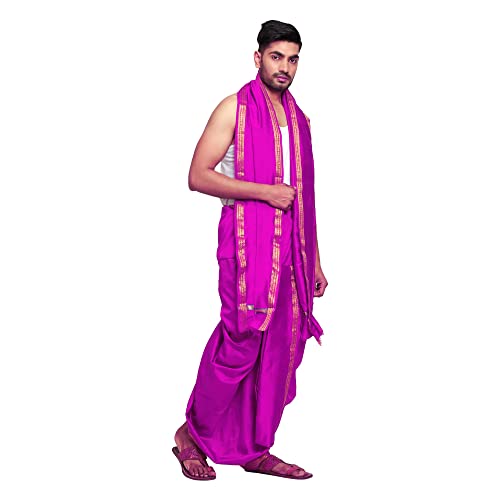 Image of Rameshwaram Fabrics Readymade Dhoti for Men, Velcro Style Stitched Mens Silk Dhoti Pant with Stole Set