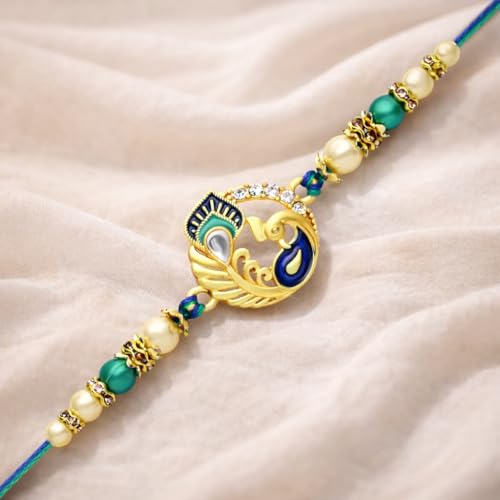 Image of Riddhika Ventures Glorious Gold Plated Auspicious Diamond Ring Rakhi with Roli Chawal and Greeting Card