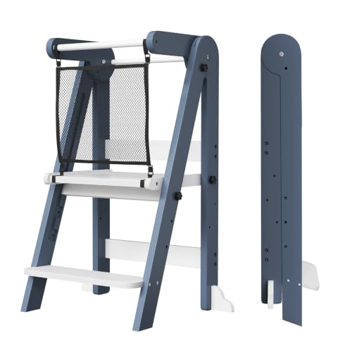 Image of ROOMTEC Foldable Toddler Kitchen Tower, 3 Adjustable Height Wooden Step Stool, Toddler Standing Tower with Safety Net (Blue)