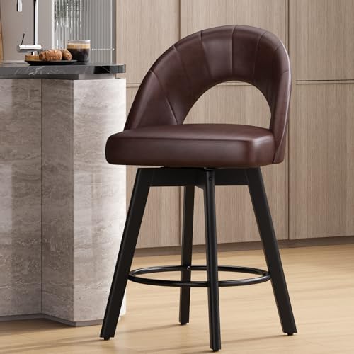 Image of YaFiti 24 inch Counter Height Bar Stools, Ergonomic Curved Back Design Swivel Bar Stools with Faux Leather Seat & Solid Wood Legs for Kitchen Island, 1 PCS, Saddle Brown