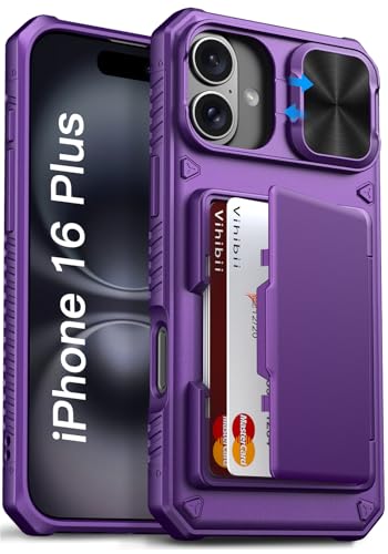 Image of Vihibii for iPhone 16 Plus Case Wallet with Card Holder (4 Cards) [RFID Blocking] & Slide Camera Cover, Military Grade Drop Protection, Hard Back & Silicone Edge Phone Cover, 6.7 inch 2024, Dark Purple