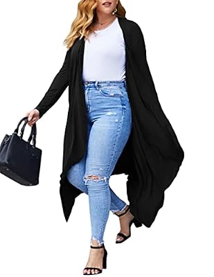 IN'VOLAND Women's Plus Size Cardigan Long Sleeve Waterfall Drape Open Black