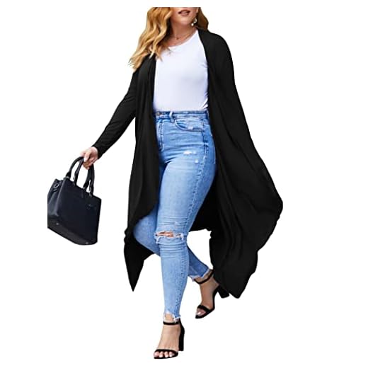 Women's Plus Size Long Sleeve Waterfall Asymmetric Drape Open Long Maxi Cardigan (Black, XL)