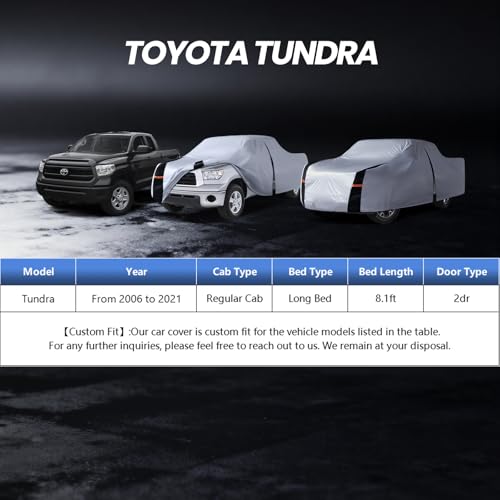 Image of Multi-Layer Toyota Tundra Truck Cover, Custom fit Tundra 2006-2021 Regular Cab Long Bed(8.1') Car Cover Waterproof All Weather, Full Exterior Cover Rain Wind Dust and UV Protection with Door Zipper