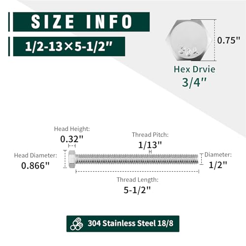 Image of (4 Sets) 1 /2-13 x 5-1 /2 inch Hex Bolt and Nut Kit, 304 Stainless Steel (18-8), Fully Threaded, Flat & Lock Washers Included