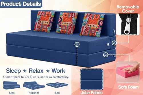 Image of Rosebell Three Seater Foldable Sofa Cum Bed (5x6 Feet) Jute Fabric, Washable Removable Cover, | Space Saving Convertible Sofa Bed for Home, Office & Guests - Blue