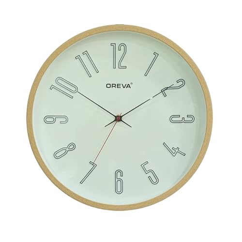 Image of OREVA 14 Inch Round Fancy Embossed Number Dial Contemporary Stylish Quartz Clocks Modern Analog Silent Wall Clock for Living Room Bedroom Home Decor Office AQ-9477SS (L Wood)