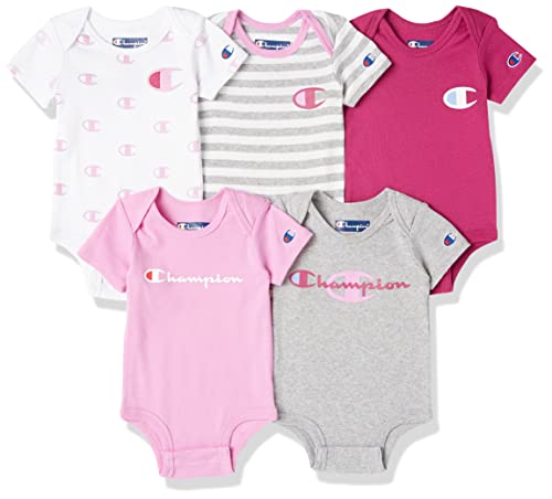 Image of Champion baby-girls Champion 5-pack Short Sleeve Baby Bodysuit, Gender Neutral Baby Clothes Infant Clothing, Multiple Colors/0-6m