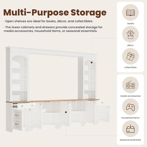 Image of 106.3 inchL Large Entertainment Center with Bookshelves and Drawers for TVs Up to 70'', Wall Unit Entertainment Center with Adjustable Shelves and Cabinet, Minimalist TV Stands for Living Room White