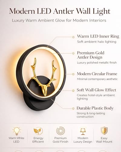 Image of Homesake LED Wall Lamp for Living Room Bedroom, Modern Golden Deer Decorative Wall Light, Warm White Indoor Designer Home Decor Light, Stag Face, Circular Frame, (Black, Round)
