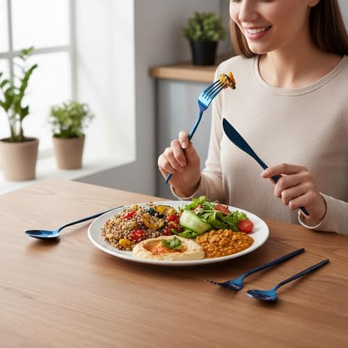 Image of 10 Pcs Blue Cutlery Set for Dining Table the Perfect Lightweight Silim Handle Tableware Including Dinner Spoon, Dinner Fork, Dinner Knife, Dessert Spoon & Dessert Fork