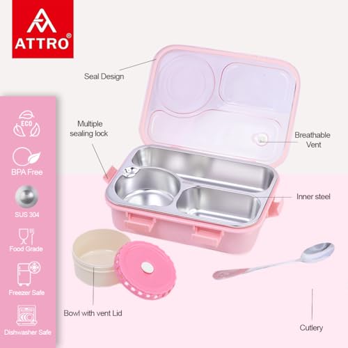Image of ATTRO Lunch Pro Deluxe 3 Lunch Box with Detachable Inner Steel Compartments, Spoon, one Small Container, Heating Water Insulation Design, Foodgrade, Leakproof-750ml Pink