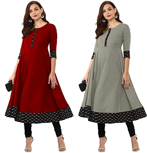 Image of NATEK Cotton Anarkali Printed Border Kurtis for Women Combo Pack of 2