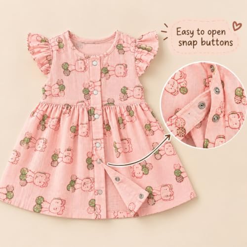 Image of Lilimi Toddler Baby Girl Cotton Muslin Dress, Breathable Flutter Sleeve Button-Front Cute Frocks