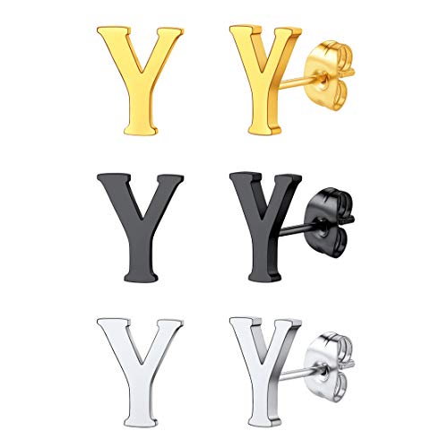 FindChic Allergy Free Initial Earrings 3 Pairs Stud Earrings Set, 18K Gold Plated/Stainless Steel/Black Alphabet A to Z Letter Studs Pack (with Gift B