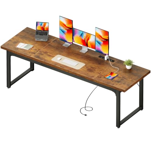 Image of Coleshome 79 Inch Long Computer Desk with Power Outlet, Thicker Desktop & Legs, Large Heavy Duty Office Desk for Home Office & Gaming, Rustic Brown