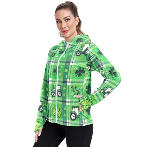 Tractor Green Plaid Shamrock Hoodie Jacket Upf 50+, Long Sleeve Zip up Outdoor Jacket2