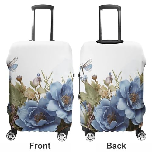 Blue Flowers And Dragonfly Luggage Cover, Elastic Luggage Protector Fits 19-32in Suitcases, Washable & Anti-Scratch Suitcase Cover for Men Women M3