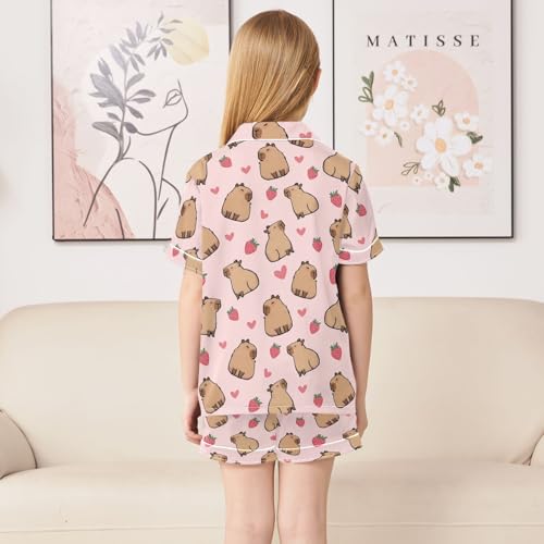 Cute Capybara with Pink Strawberry Hearts Summer Satin Pajama Set, Cute Button-Down Sleepwear Pj Set for Sleep Wears4