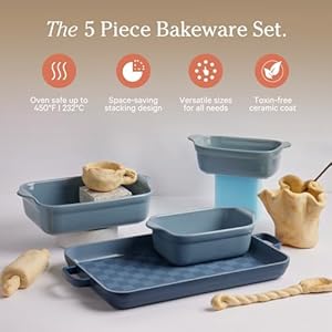 Our place bakeware set 5 piece nonstick toxin free ceramic cast aluminum set woven pan bakers oven mat space saving nesting design oven safe bake roast griddle and more blue salt  urban country home decor
