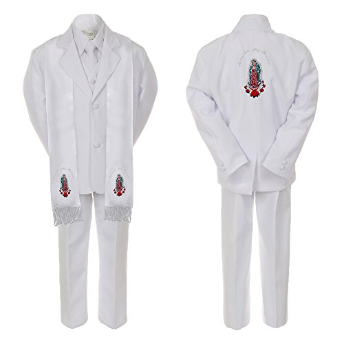 Image of Baby Boy Teen Baptism Formal White Suit Silver Guadalupe on Stole & Back SM-20