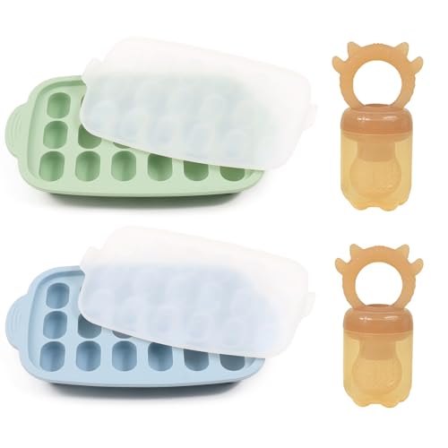 Image of Baby Food Freezer Trays - Food Storage Containers with Baby Food Feeder, Silicone Food Molds Trays for Homemade Baby Food, Breast Milk, Vegetable, Juice & Fruit Purees, 2 Pack