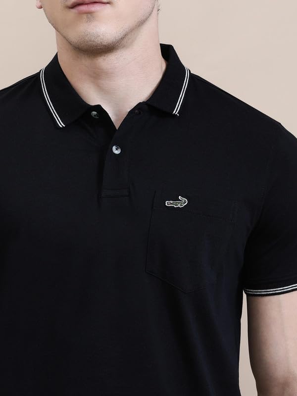 Image of CROCODILE Men Solid Slim Fit Polo T-Shirt | Regular Length | Short Sleeve | Button Placket | Casual Knitted Topwear