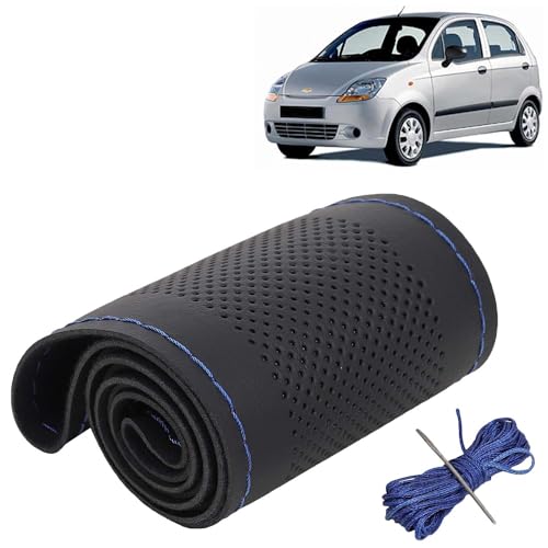 Image of KINGSWAY PU Leatherite Car Steering Cover Sewable Compatible with Chevrolet Spark (Year 2005-2009), Black Color with Blue Thread, Pack of 1 with Sewing Needle and Thread