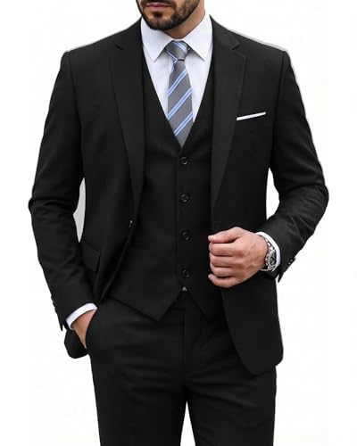 Image of MY'S Men's 3 Piece Suit Set with Tie, One Button Slim Fit Solid Jacket Vest Pants, Prom Party Wedding Business Suits for Men