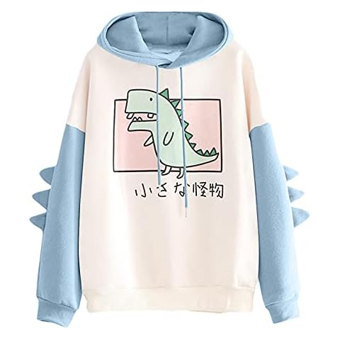 Little Dinosaur Hoodies Teens Girls Japanese Cute Little Dinosaur Print Casual Pullover Hooded Sweatshirts sky blue XL Cover