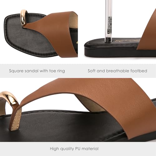 Image of Eozlink Women's Toe Ring Flat Sandals, Slip On Dressy Summer Slides | PU upper with square toe and metal accent for resort and casual outfits