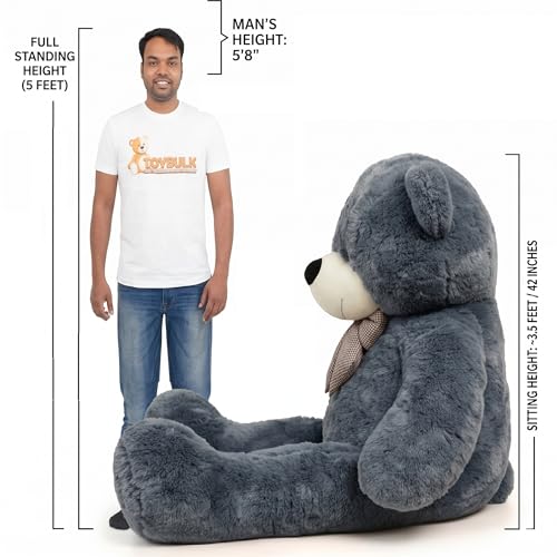Image of 5 Feet Giant Grey Teddy Bear for Girls | Big Size Soft Plush Hugging Teddy | Large Standing Teddy Bear with Bow | Cute Birthday, Anniversary & Valentine Gift for Kids & Girlfriend