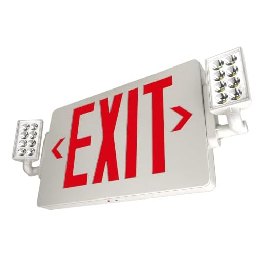 LFI Lights | Thin Combo Red Exit Sign with Emergency Lights | White Housing | All LED | Two Adjustable Heads | Hardwired with Battery Backup | UL Listed | (1 Pack) | COMBOT-R