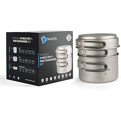 Titanium Camping Cookware Set 3-Piece / 2-Piece Pot & Pan Outdoor Cooking Equipment mess kit, Extra Strong Ultra Lightweight (Ti) Travel / Hiking / Camping Essentials in Cloth Case (3-Piece Cookset) Cover