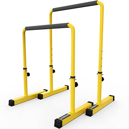 Synergee Dip Bar. Adjustable Dip Station from 30” – 39” for Dips, Inverted Pull Ups. Max Capacity 400 lbs. Portable Dip Stand for Total Body Workout. Available in Yellow and Black.