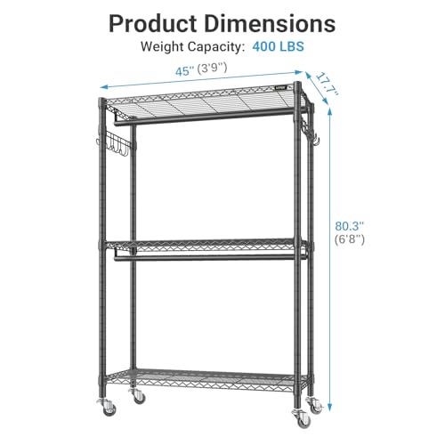 VIPEK R2 Plus Heavy Duty Rolling Clothes Rack 3 Tier Adjustable Wire Shelf Clothes Rack with Double Rod and Side Hooks Freestanding Wardrobe Storage Rack Metal Clothes Rack Black