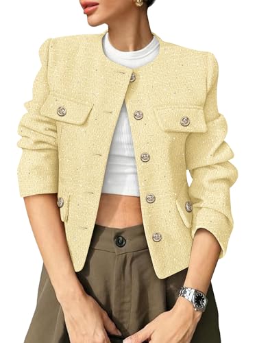 Women's Tweed Blazers Trendy Fall Casual Collarless Button Down