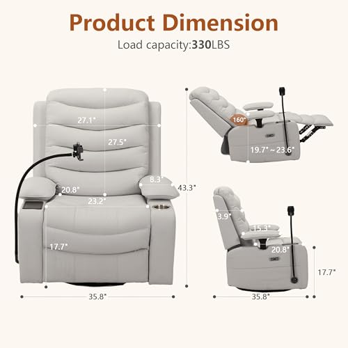 Holaki Rocking Chair Nursery, Oversized Glider Recliner Nursery Chair Swivel Reading Chair with Heated Lumbar Support Smart Cup Holder and Fast-Charging Phone Mount for Breastfeeding(LightGray) - Image 3