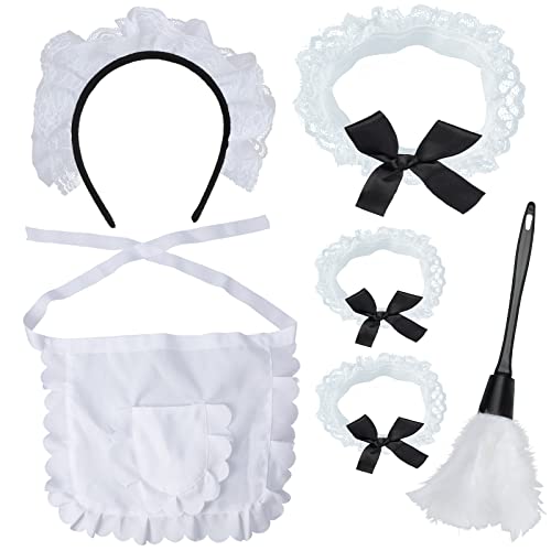 Yewong French Maid Cleaning Lady Costume Accessories Set Anime Lace Hair Hoop Ruffled Apron Feather Duster for Maid Dress Up