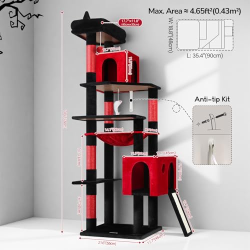 Image of Globlazer Gothic Heavy Duty Cat Tree, 70in Tall Sturdy Goth Cat Tree for Indoor Cats Extra Large Cat Tower with Scratching Post, Cat Condos for Adult Cats Kittens, Hammock, Perch, F70 Pro, Red Black