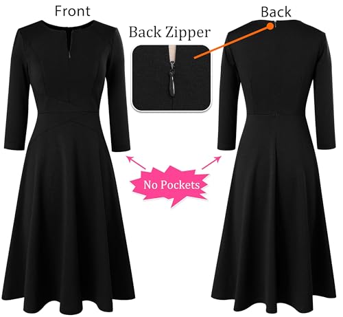 Image of VFSHOW Womens Work Business Front Zipper A-Line Dresses 3 /4 Sleeve Office Church Fit and Flare Skater Swing Knee Length Dress
