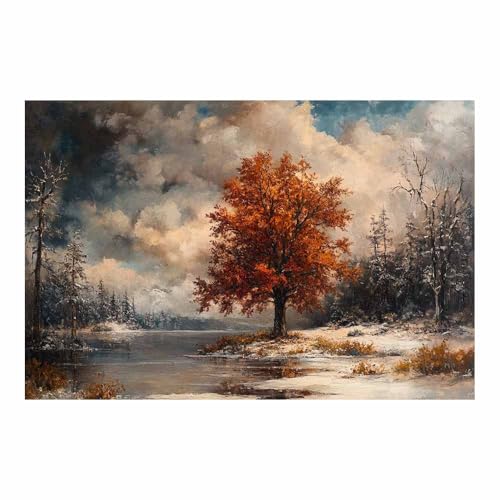 Tableau decoration murale moderne paysage arbre automne rouge toile 70x100cm