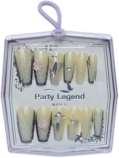 طقم اظافر بلاستيك بالضغط على شكل لوز وجليتر للبنات، 12 قطعة - متعدد الالوان