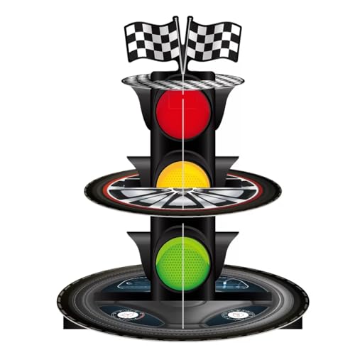 JJKSKV Soporte para tartas con diseño de coche de carreras, soporte de tres pisos con semáforo, para fiestas temáticas de coches de carreras, ideal para cumpleaños y fiestas temáticas.