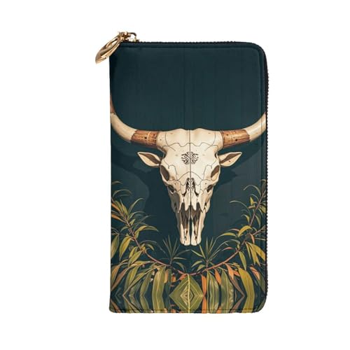 Women's Long Cash Wallet, PU Leather Elegant Clutch Change Purses with Zipper, Travel, Gifts (Bull Skull Tribal Print)2