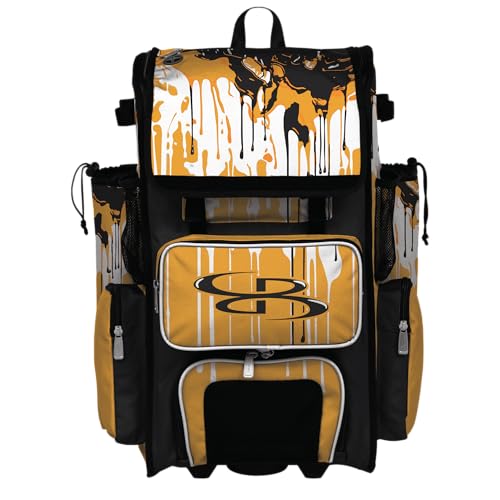 Boombah Rolling Superpack Baseball/Softball Gear Bag - Telescopic Handle - Holds 4 Bats - Wheeled Version - Graffiti Drip Black/Gold/White