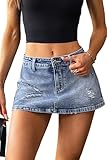 ELLEVEN Jean Skirt Skort for Women Denim Mini Skort Skirt with Shorts Underneath Y2k Elastic Low Rise Ripped Casual Streetwear Skorts Medium Wash Small