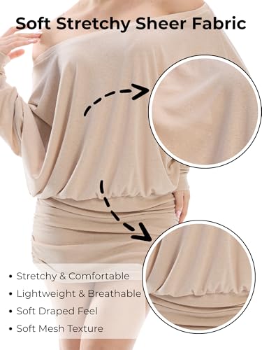 Image of Women's Off The Shoulder Dress Long Sleeve Batwing Mini Ruched Sheer Y2K Oversized Club Sexy Night Out Dresses